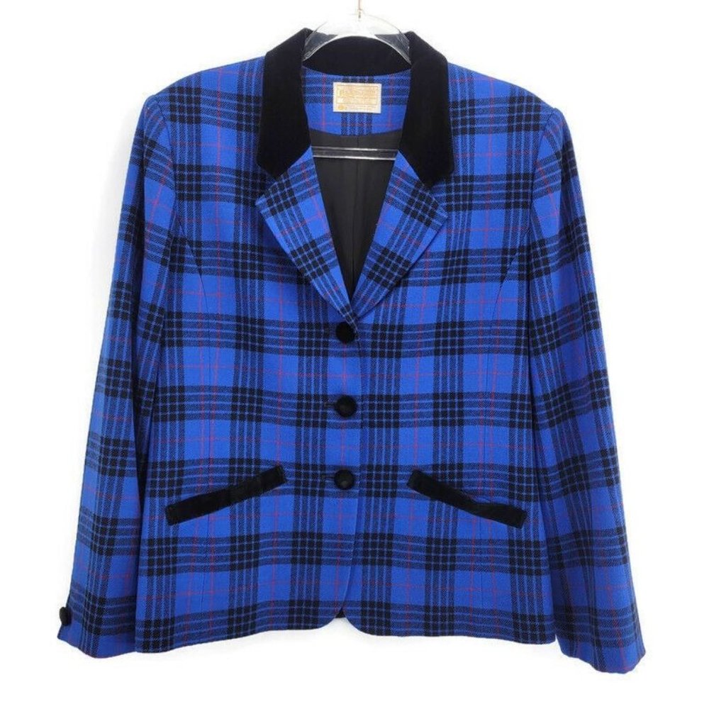 Pendleton Suit Blazer Jacket Vintage 1970s Wool Plaid Blue Tartan Velvet Collar